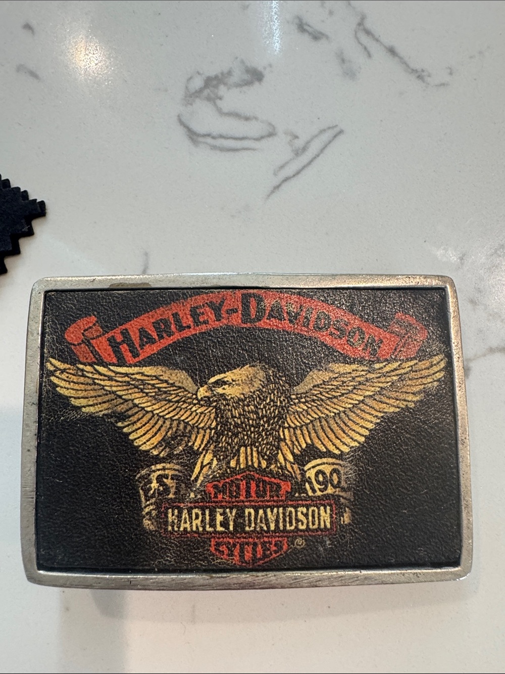 Harley-Davidson Black Belt Buckle with Gold Eagle and Red Banner